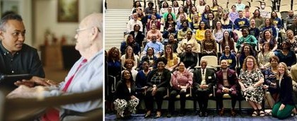 left image two people talking right image nasw members in conference setting
